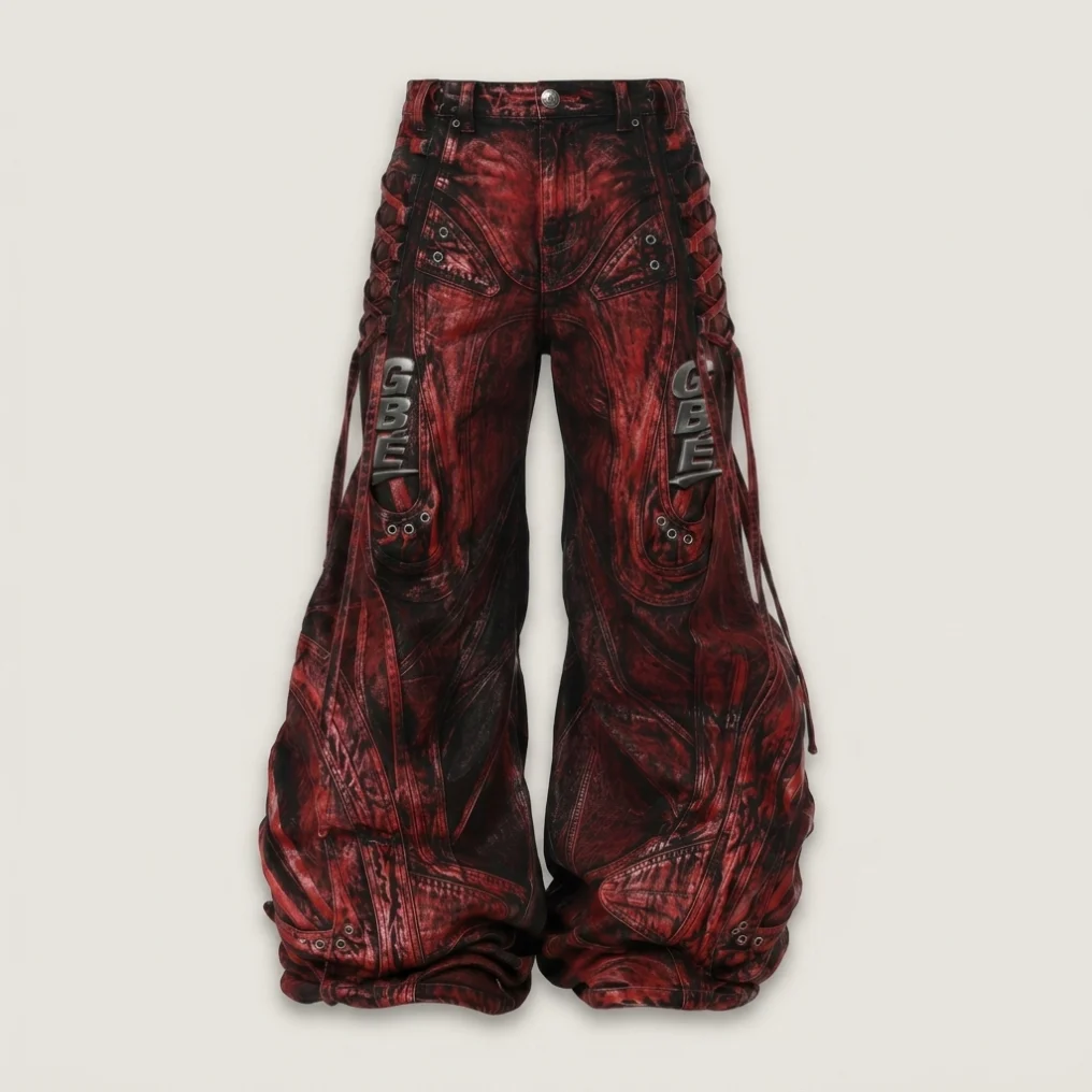 Baggy Lacé GBÉ, délavage rouge et noir, laçages latéraux